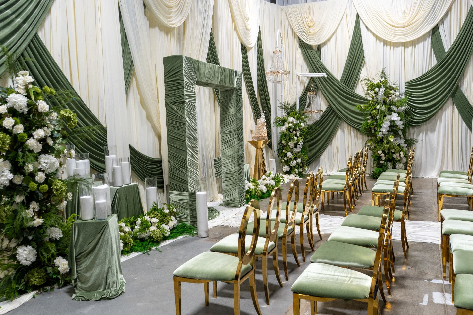 Sage green and ivory full-room draped ceremony by Lavish Events by Talia